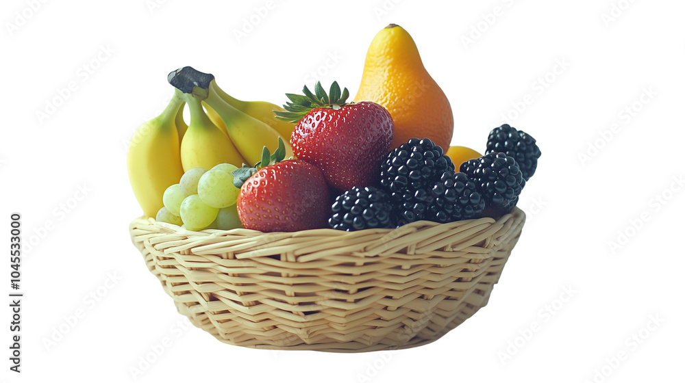 Beautifully arranged fruit basket with mixed fruits: bananas, berries, grapes, and oranges Beautifully arranged fruit basket with mixed fruits: bananas, berries, grapes, and oranges