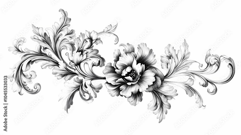 Elegant floral swirls on white background, black and white illustration, vines, flowers, ornate, floral design, decorative. Gothic Calligraphy. Illustration Elegant floral swirls on white background, black and white illustration, vines, flowers, ornate, floral design, decorative. Gothic Calligraphy. Illustration