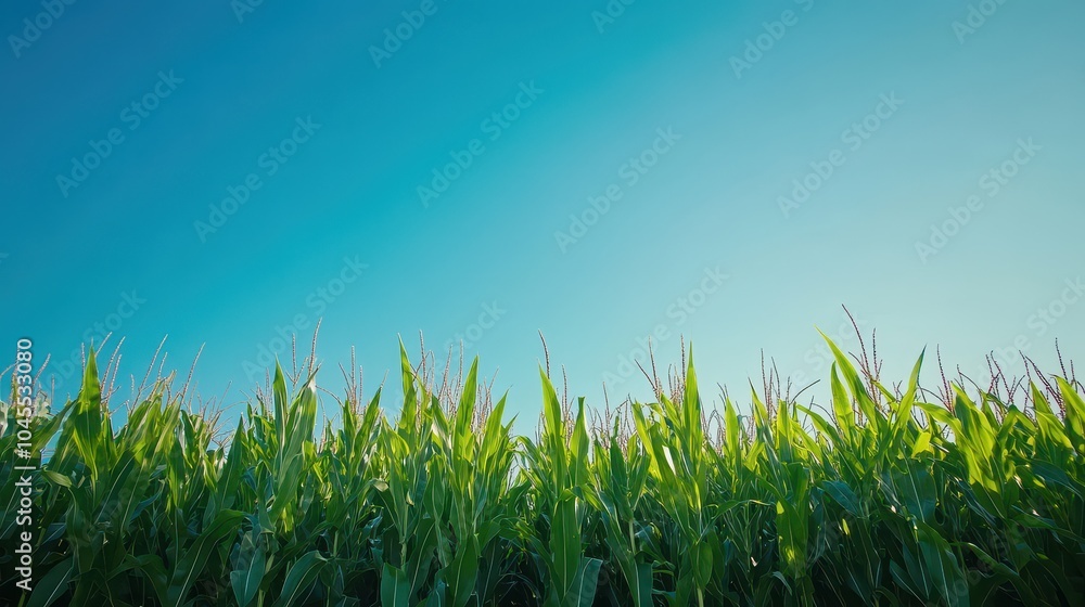Fototapeta premium Vibrant green cornfield under a clear blue sky, showcasing nature's beauty and agricultural landscape.