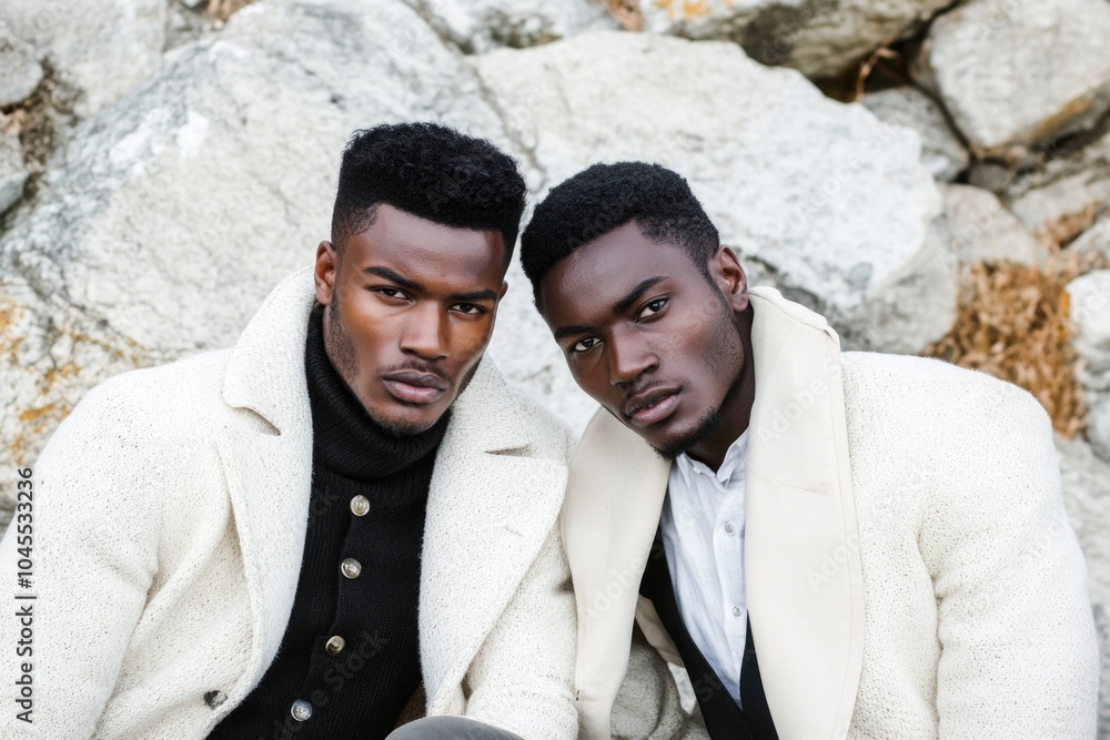 Two men sit together near a pile of rocks, outdoor scenery