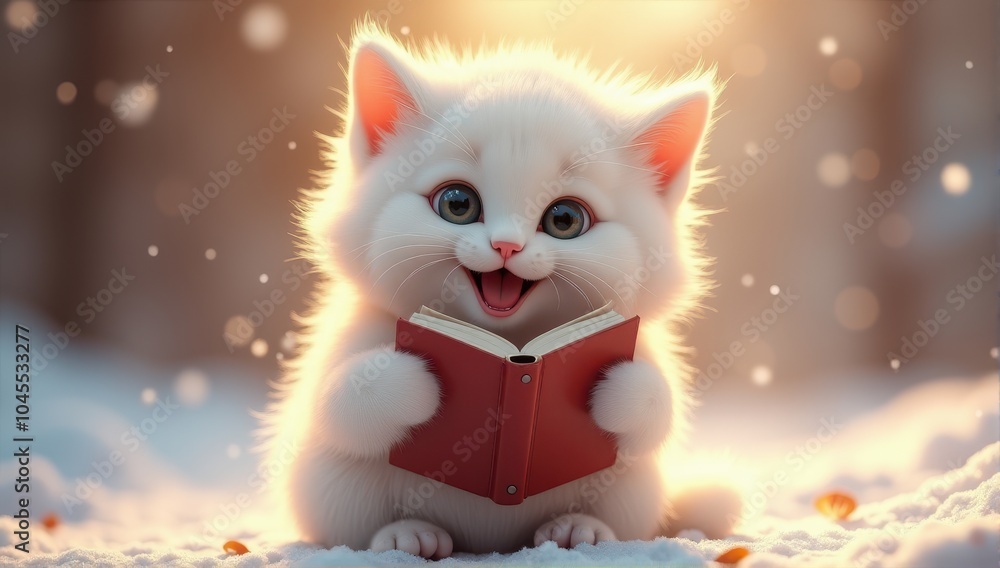 A fluffy white kitten enjoys reading a book in a snowy landscape, surrounded by a warm and enchanting light. A fluffy white kitten enjoys reading a book in a snowy landscape, surrounded by a warm and enchanting light.