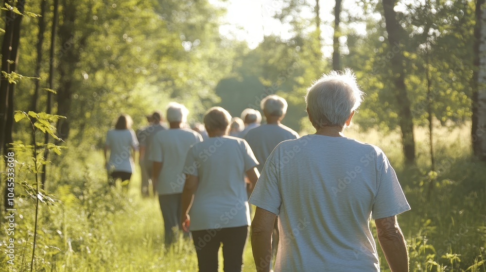 Senior citizens enjoy a peaceful walk in a beautiful nature reserve surrounded by tall trees Senior citizens enjoy a peaceful walk in a beautiful nature reserve surrounded by tall trees