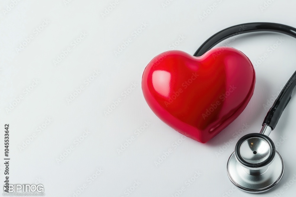 A red heart and stethoscope on a white surface, representing medical care and love A red heart and stethoscope on a white surface, representing medical care and love