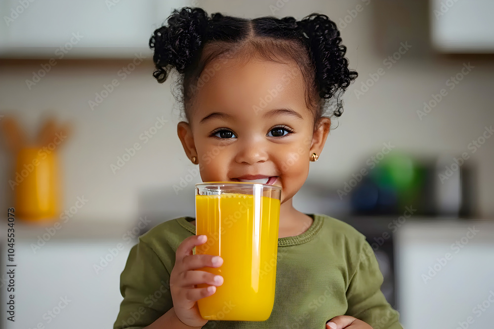 African child girl with pigtails in a olive green shirt drinking orange juice in a spacious kitchen, with a joyful expression on his face. African child girl with pigtails in a olive green shirt drinking orange juice in a spacious kitchen, with a joyful expression on his face.