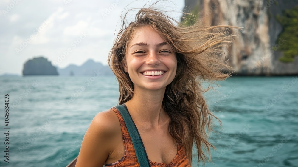 Joyful woman enjoying a sunny day by the sea Joyful woman enjoying a sunny day by the sea
