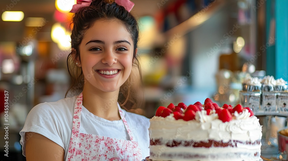 Smiling Baker with Cake in Bakery Setting Smiling Baker with Cake in Bakery Setting
