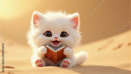 Adorable fluffy white kitten with big eyes holding an open book, sitting on a soft sandy surface with warm sunlight casting gentle shadows.