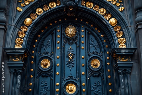 Ornate Black Door with Golden Accents and Detailing photo