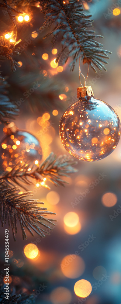 Fototapeta premium Sparkling Christmas ornaments hanging on a tree branch with warm string lights.