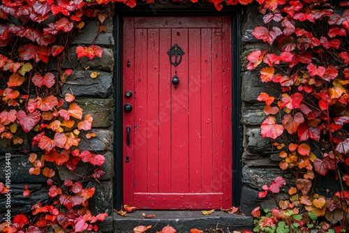 A Red Door Framed by Autumn Leaves on a Stone Wall photo