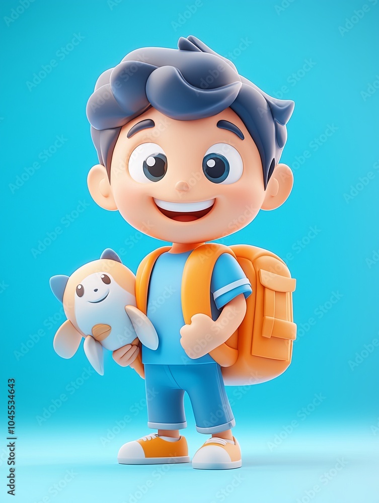 Fototapeta premium 3D character, a happy student with a backpack going to school