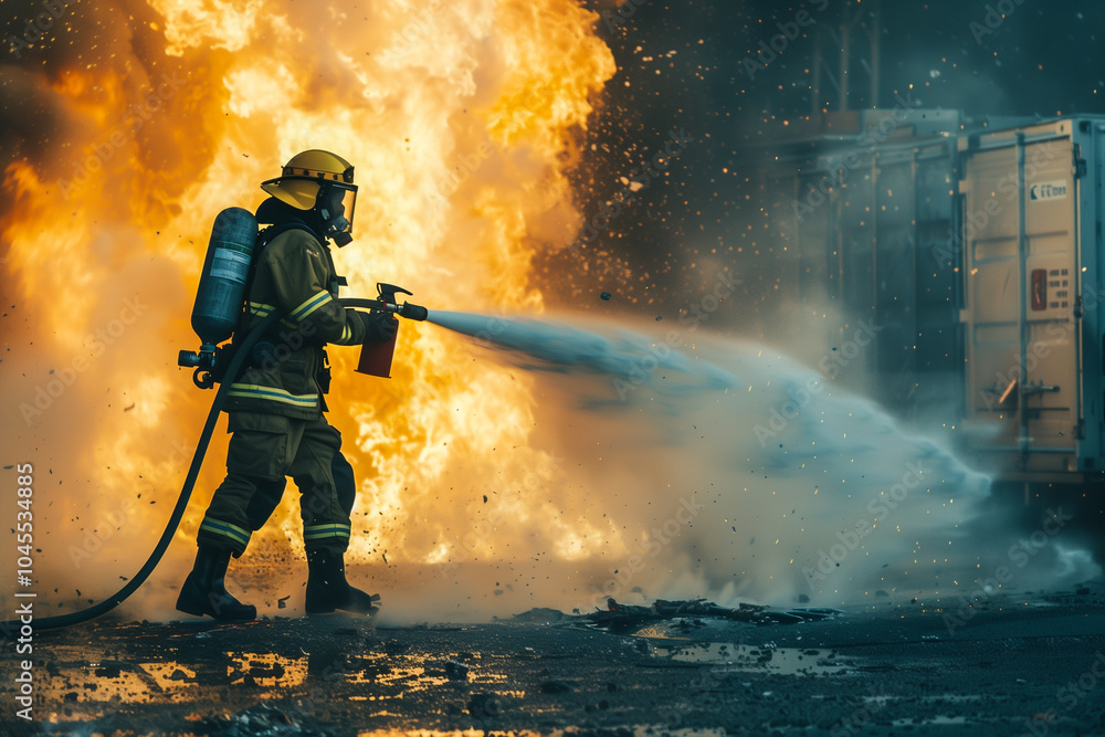 Firemen or firefighter use fire extinguisher to control fire. Firemen or firefighter use fire extinguisher to control fire.