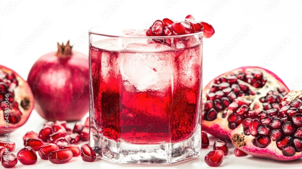 A glass of juice and a cut open pomegranate, highlighting the arils inside A glass of juice and a cut open pomegranate, highlighting the arils inside