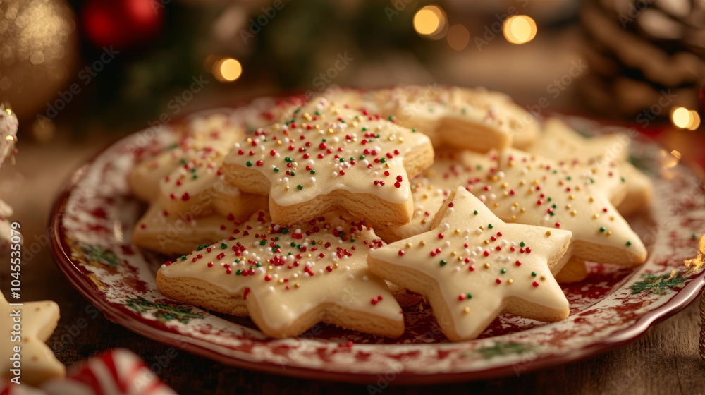 Close-up of star-shaped christmas cookies with white frosting and sprinkles. Close-up of star-shaped christmas cookies with white frosting and sprinkles.