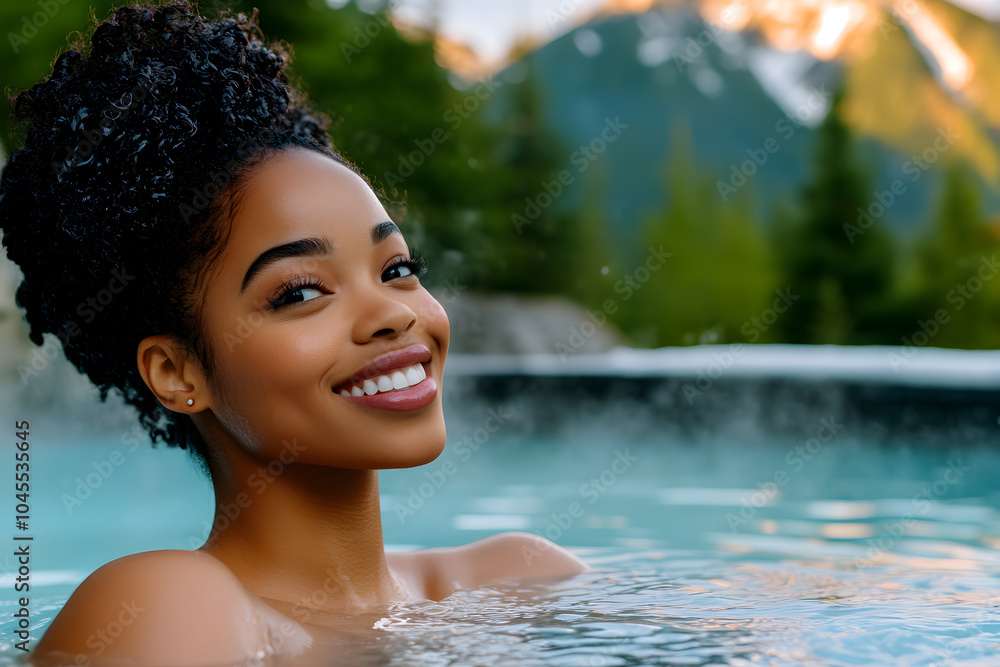 Fototapeta premium African woman in a hot tub at a winter resort, enveloped by the picturesque snowy mountains and serene environment. Copy space.