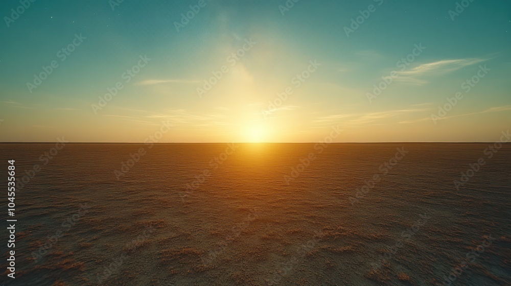 Fototapeta premium A scenic sunset over a flat, barren landscape. The sun is setting on the horizon, casting a warm glow over the land.