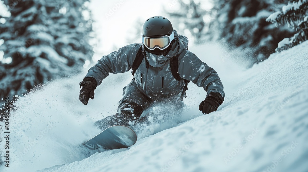 Dynamic Snowboarder in Action on a Snowy Slope Dynamic Snowboarder in Action on a Snowy Slope