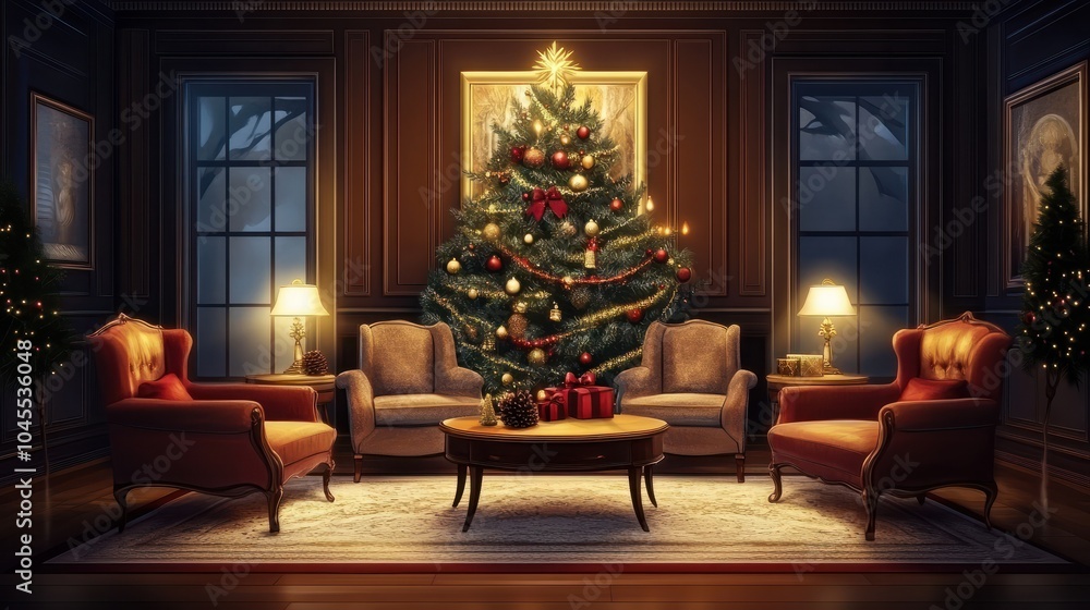 Interior of living room with beautiful decorated Christmas tree, coffee table and armchairs Interior of living room with beautiful decorated Christmas tree, coffee table and armchairs