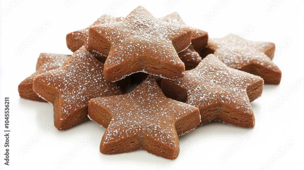 Close-up Photo of Star-Shaped Gingerbread Cookies with Powdered Sugar Topping on a White Background Close-up Photo of Star-Shaped Gingerbread Cookies with Powdered Sugar Topping on a White Background