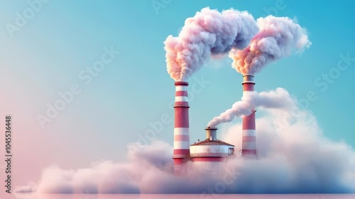 Vibrant industrial power plant with tall smokestacks emitting colorful smoke against pastel sky, showcasing contrast of energy and pollution in our environment.