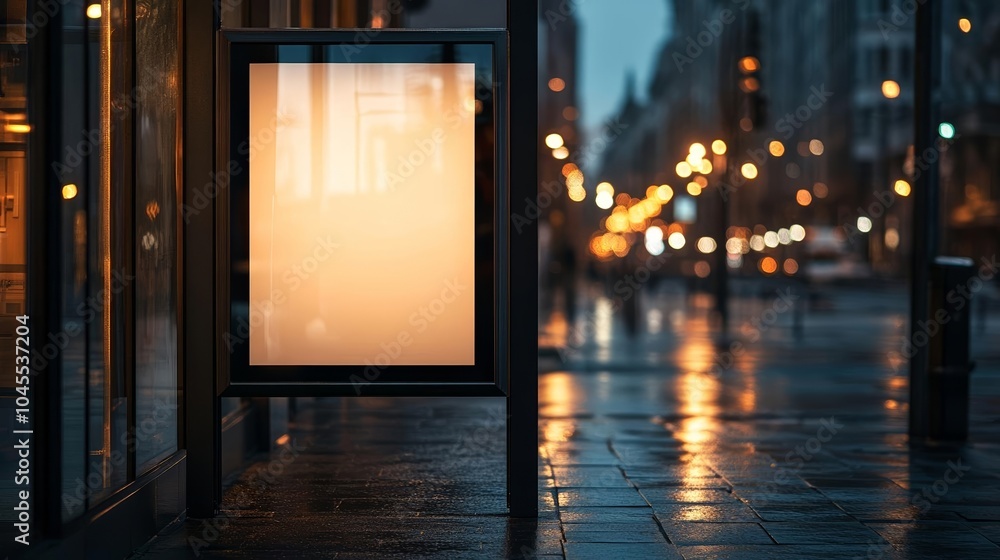 Blank poster display glowing in the night, reflecting city lights, urban street scene with a futuristic and moody atmosphere Blank poster display glowing in the night, reflecting city lights, urban street scene with a futuristic and moody atmosphere