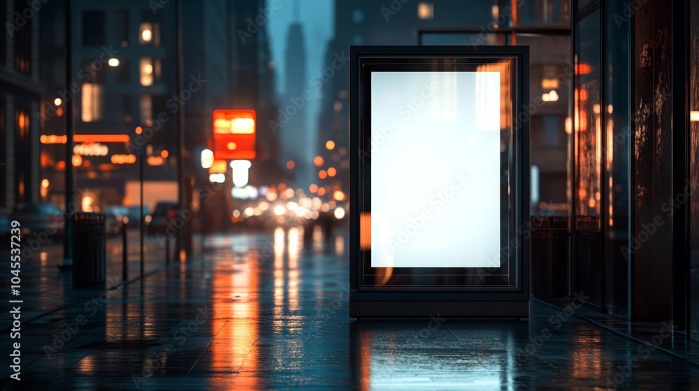 Blank poster display glowing in the night, reflecting city lights, urban street scene with a futuristic and moody atmosphere Blank poster display glowing in the night, reflecting city lights, urban street scene with a futuristic and moody atmosphere