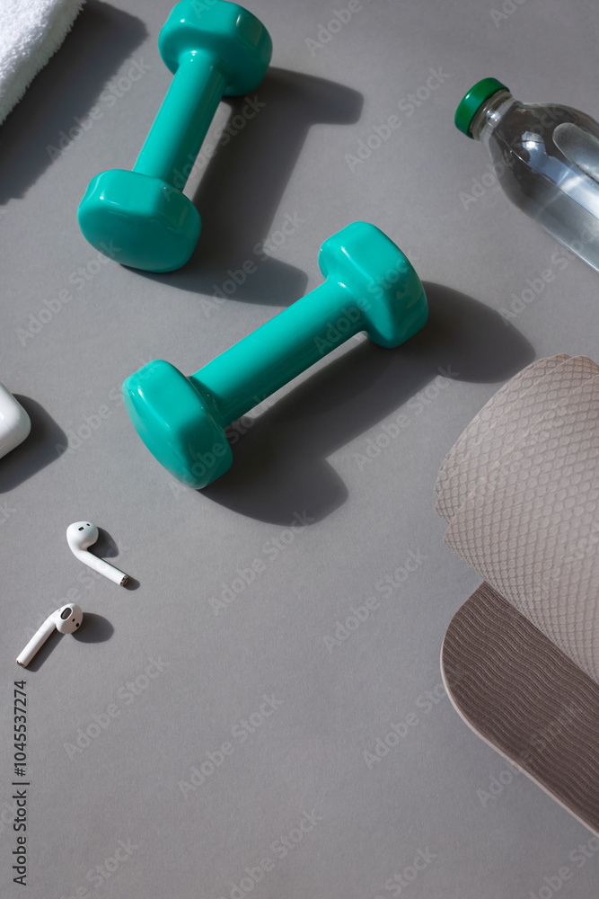 Sport or workout concept flat lay with blue dumbbells, yoga mat and white wireless headphones on the grey background. Copy space Sport or workout concept flat lay with blue dumbbells, yoga mat and white wireless headphones on the grey background. Copy space