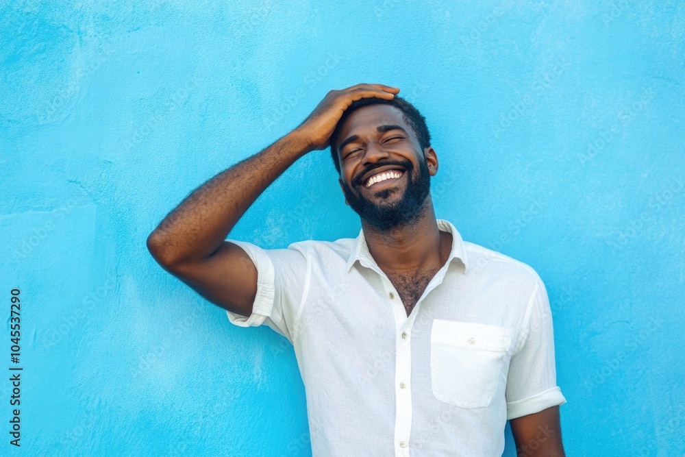 A smiling man leans against a blue wall, showcasing his beard A smiling man leans against a blue wall, showcasing his beard