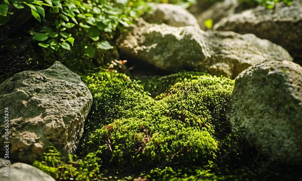 A serene close-up of moss-covered rocks surrounded by greenery. A serene close-up of moss-covered rocks surrounded by greenery.