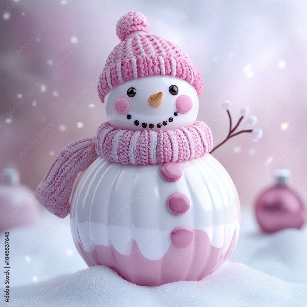 A vibrant 3D snowman ornament, crafted with pink and white details, isolated against a soft backdrop, embodying holiday fun A vibrant 3D snowman ornament, crafted with pink and white details, isolated against a soft backdrop, embodying holiday fun