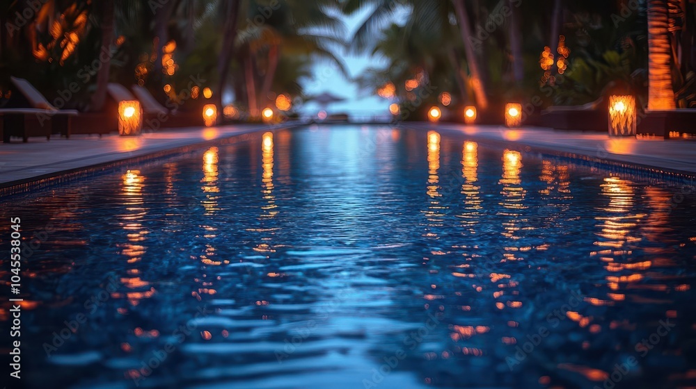 luxurious and serene tropical resort pool illuminated at night surrounded by palm trees and soft glowing lights creating an inviting atmosphere for relaxation and leisure luxurious and serene tropical resort pool illuminated at night surrounded by palm trees and soft glowing lights creating an inviting atmosphere for relaxation and leisure