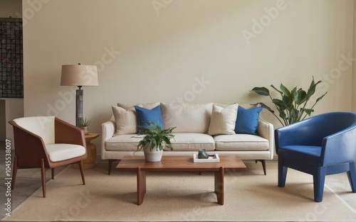 a living room with couches and a table with a plant in the corner.