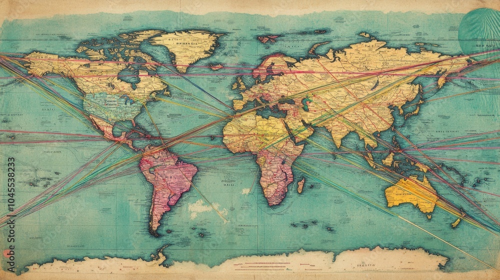 Naklejka premium A world map with multiple colorful lines crisscrossing oceans and borders, illustrating global economic exchanges.