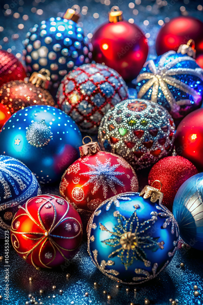 A vibrant assortment of intricately designed Christmas ornaments in rich colors, creating a festive, holiday atmosphere. A vibrant assortment of intricately designed Christmas ornaments in rich colors, creating a festive, holiday atmosphere.