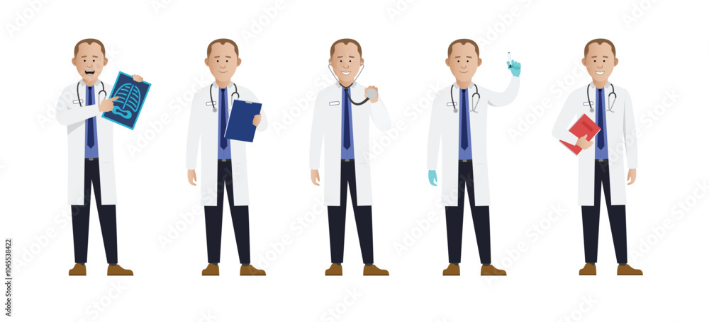 Simple flat 2d male doctor man vector character in a set of multiple medical poses. Easy to edit and isolated on a white background. Simple flat 2d male doctor man vector character in a set of multiple medical poses. Easy to edit and isolated on a white background.