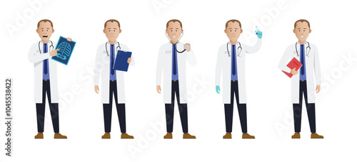 Simple flat 2d male doctor man vector character in a set of multiple medical poses. Easy to edit and isolated on a white background.