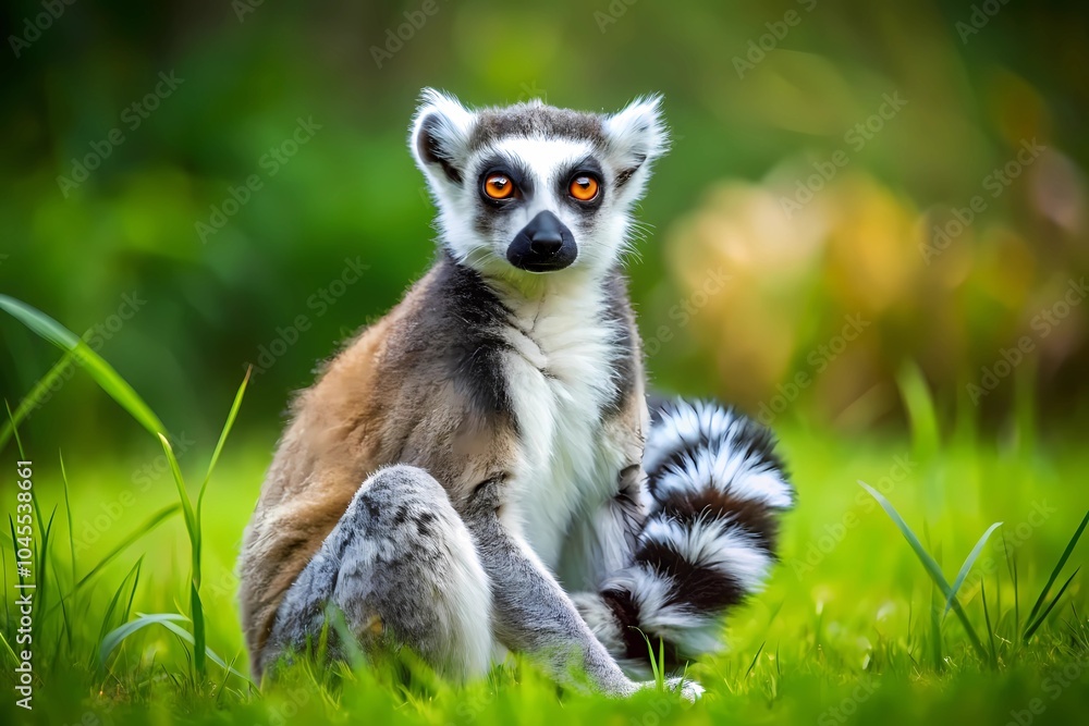 Obraz premium Close-up of a Lemur in the Grass, Showcasing Its Vibrant Orange Eyes and Emphasizing the Importance of Lemurs in Biodiversity
