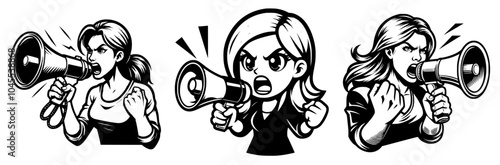 Three vector cartoons of a woman screaming using a horn megaphone. black and white