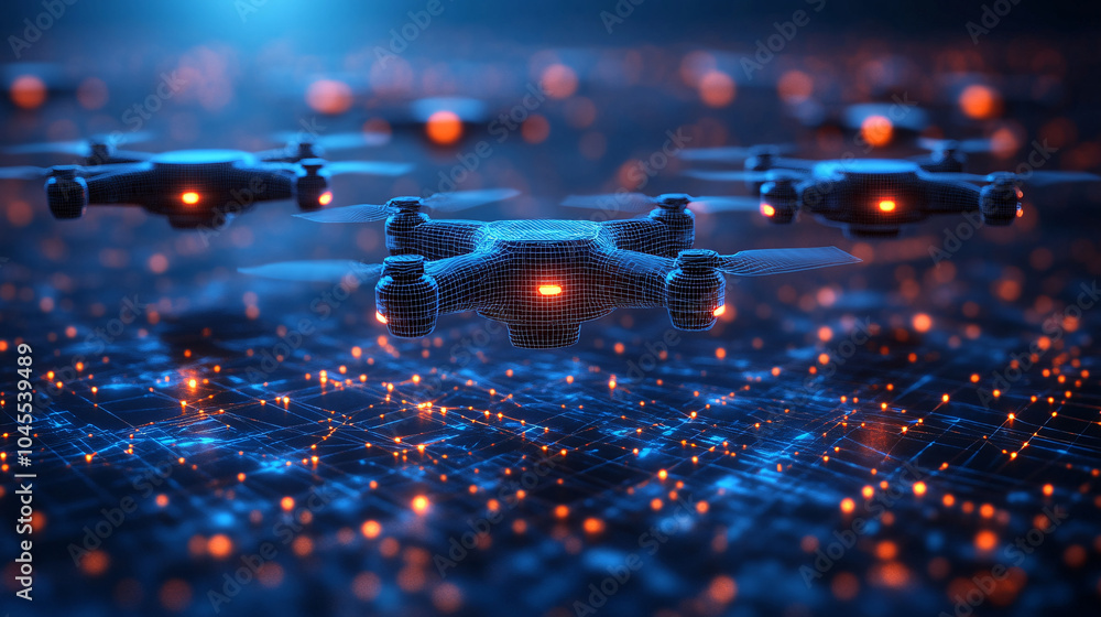 custom made wallpaper toronto digitalfuturistic drone flying over digital network  with orange lights  and blue background