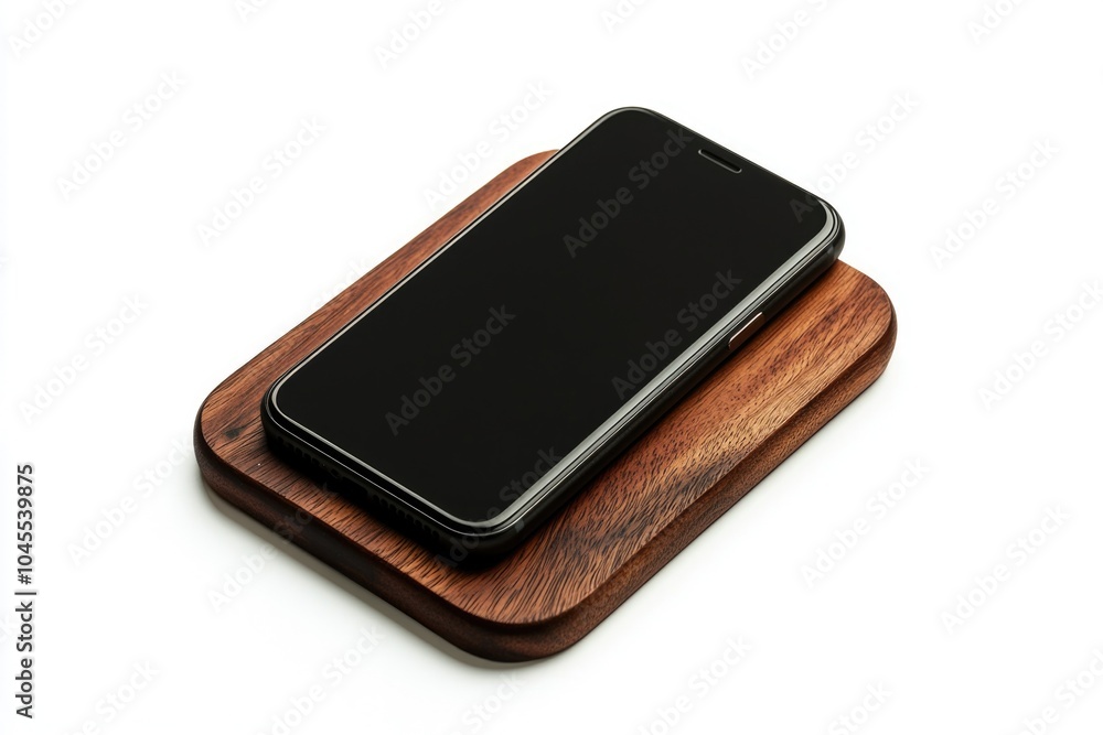 A cell phone placed on a wooden stand A cell phone placed on a wooden stand