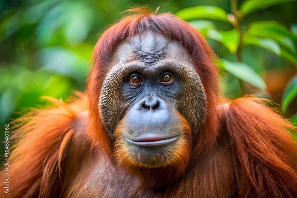 Close-up of an Orangutan Gazing at the Camera, Showcasing Its Beauty and Intelligence in a Natural Setting. Close-up of an Orangutan Gazing at the Camera, Showcasing Its Beauty and Intelligence in a Natural Setting.