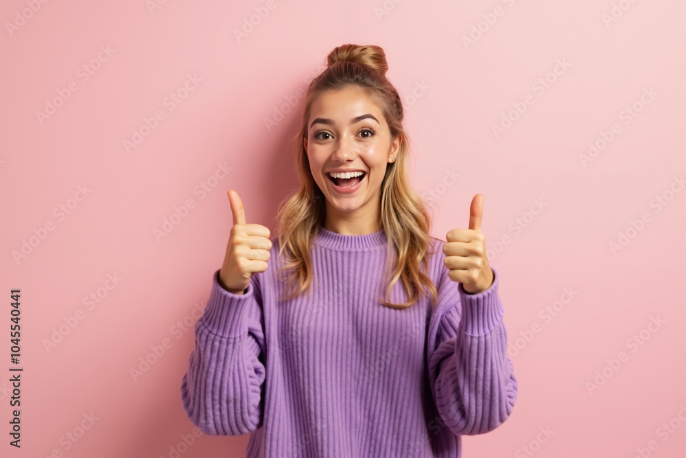 Enthusiastic young woman showing thumbs up on pink background. Enthusiastic young woman showing thumbs up on pink background.
