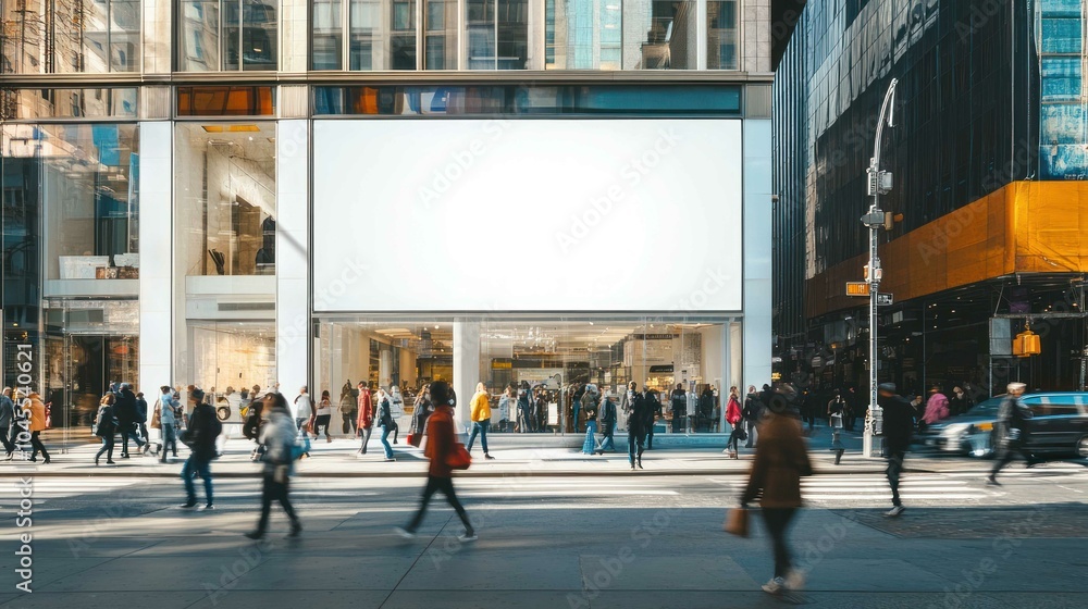 © inthasone - Blank storefront sign mockup on a busy city shopping street © inthasone - Blank storefront sign mockup on a busy city shopping street