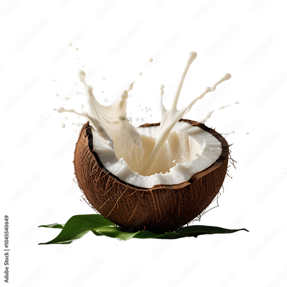 Close-up Coconut milk splash with leaves isolated on a transparent background. Ai generative Close-up Coconut milk splash with leaves isolated on a transparent background. Ai generative