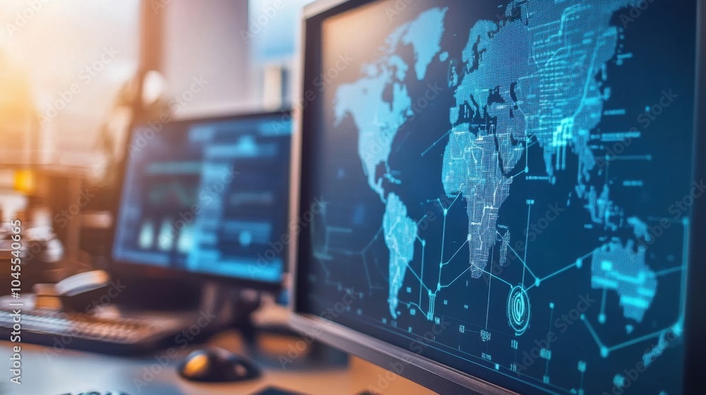 Dispatch center with a large screen showing live tracking of fleet movements, routes, and dispatch data. Dispatch center with a large screen showing live tracking of fleet movements, routes, and dispatch data.