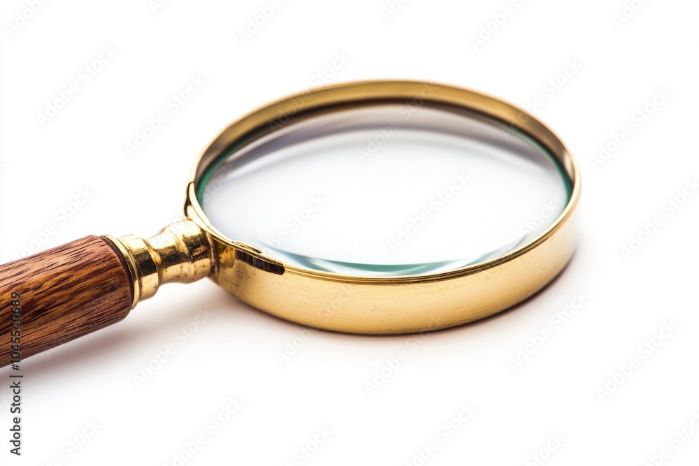 A close-up view of a magnifying glass with a wooden handle, useful for forensic analysis and detective work A close-up view of a magnifying glass with a wooden handle, useful for forensic analysis and detective work