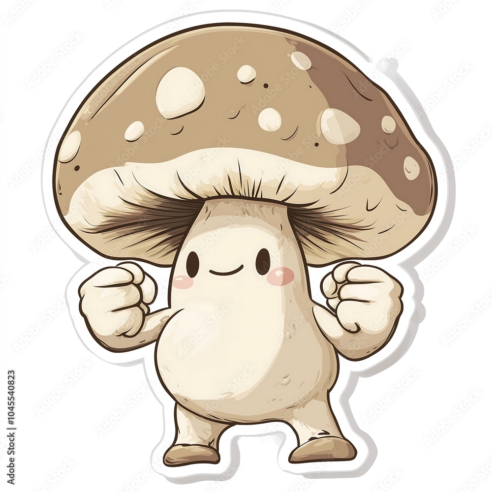 Cute happy mushroom shiitake cartoon sticker, confident powerful joyful, vegetables vitamin nutrition value, healthy illustration drawing Cute happy mushroom shiitake cartoon sticker, confident powerful joyful, vegetables vitamin nutrition value, healthy illustration drawing