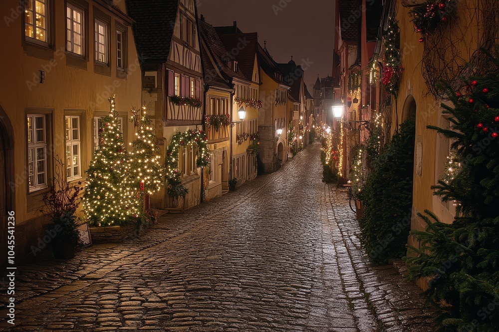 Romantic cobblestone street in Rothenburg ob der Tauber, beautifully decorated for Christmas with charming houses and a captivating evening atmosphere. Romantic cobblestone street in Rothenburg ob der Tauber, beautifully decorated for Christmas with charming houses and a captivating evening atmosphere.