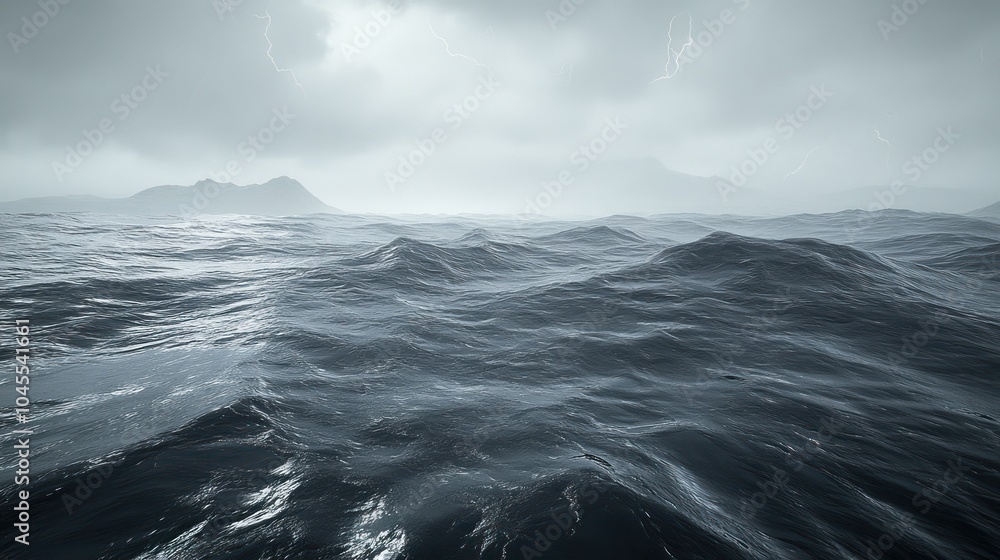 Fototapeta premium A stormy sea with dark, choppy waves and lightning in the distance.