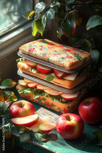 A kidâ€™s lunchbox with a sandwich, apple slices, and a note from their parents, sitting on a school desk with vibrant colors and cheerful surroundings, photo